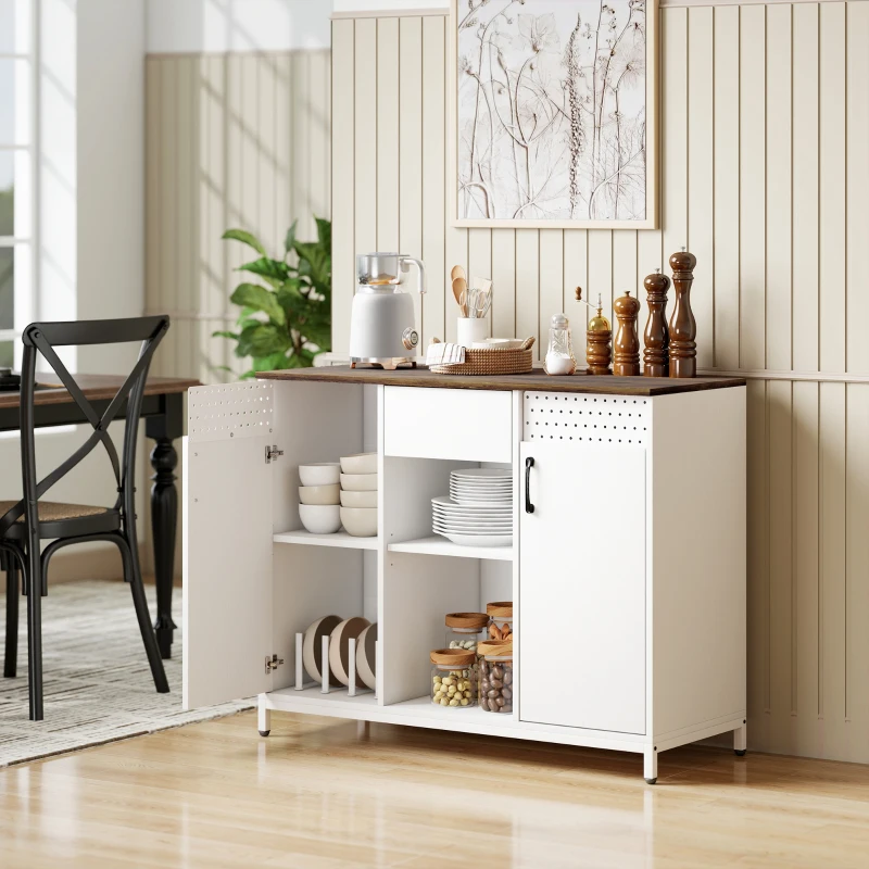 HOMCOM Aparador para Salón con 2 Puertas con Orificios Cajón Compartimentos Abiertos Estantes Ajustables 100x40x80 cm Blanco