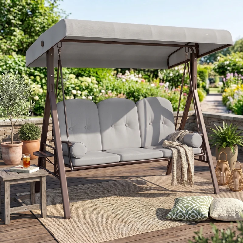 Outsunny 3 Seater Canopy Swing Chair, Outdoor Garden Swing Seat with Adjustable Canopy, Cushions and Cup Trays, Steel Frame, Light Grey