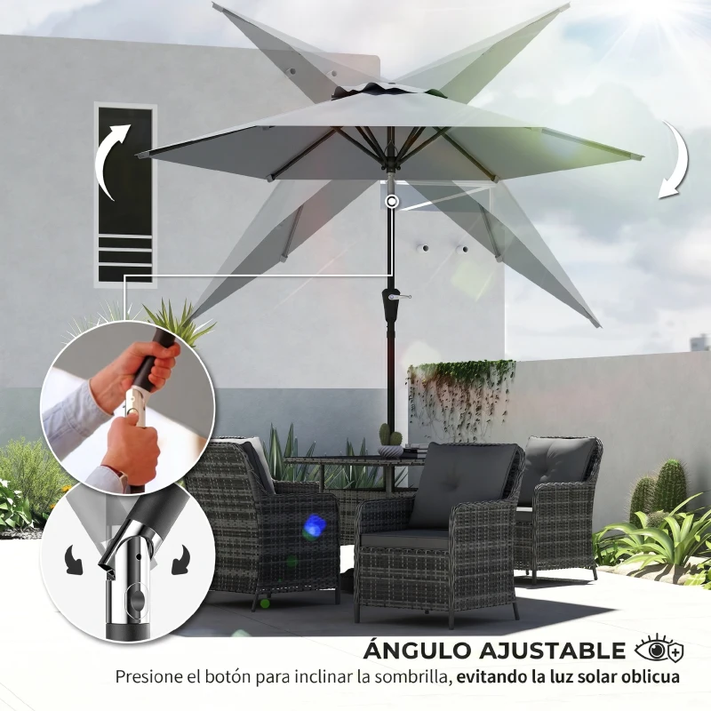 Outsunny Sombrilla de Jardín Ø230x216 cm con Apertura Manual Ángulo Ajustable e Impermeable para Terraza Piscina Gris