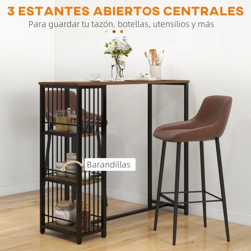 HOMCOM Mesa Alta Cocina con 3 Estantes Mesa Alta Bar para 2 Personas Patas de Acero para Salón 120x40x105 cm Marrón y Negro