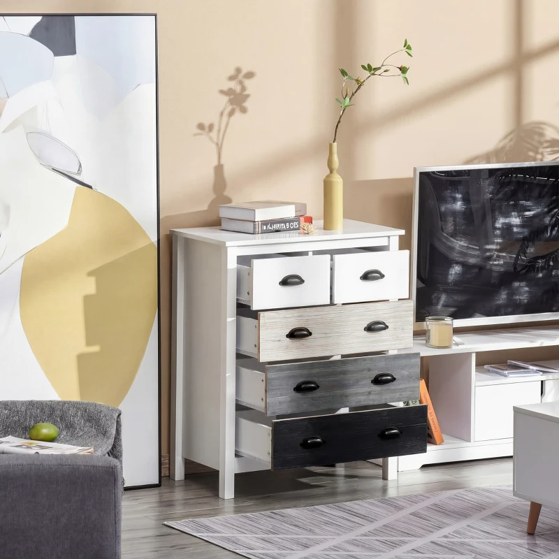 HOMCOM Sideboard, Kommode, 5 Schubladen, lackierte Oberfläche, MDF & Kiefernholz, 70 x 38 x 85 cm, Weiß