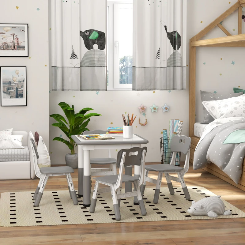 AIYAPLAY Set Masă și Scaune pentru Copii, 5 piese cu 4 Scaune Reglabile 32x36x52.5-56 cm și Masă 60x60x46-58 cm, Gri