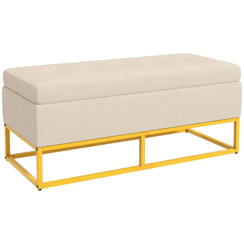 HOMCOM Sitzbank mit Stauraum, dekorative Knopfheftung, Flanelloptik, goldfarbene Stahlbeine, 110 x 47 x 46,5 cm