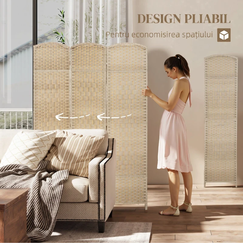 HOMCOM Paravan Interior cu 3 Panouri Pliabil, 135x180 cm, Separatoare Împletit din PP și Lemn de Pin, Stejar