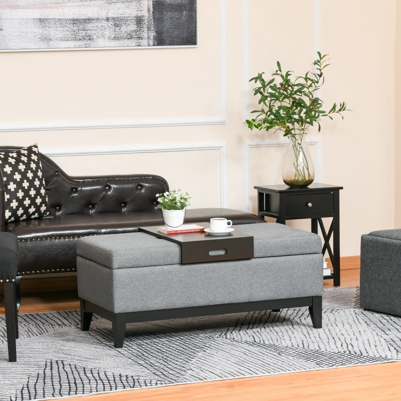 HOMCOM Sitzbank mit Stauraum, abnehmbarem Tablett Polsterbank mit Leinenoptik, Sitztruhe mit Holzbeine, Truhenbank für Wohnzimmer Schlafzimmer Flur 107 x 50 x 44 cm, Dunkelgrau