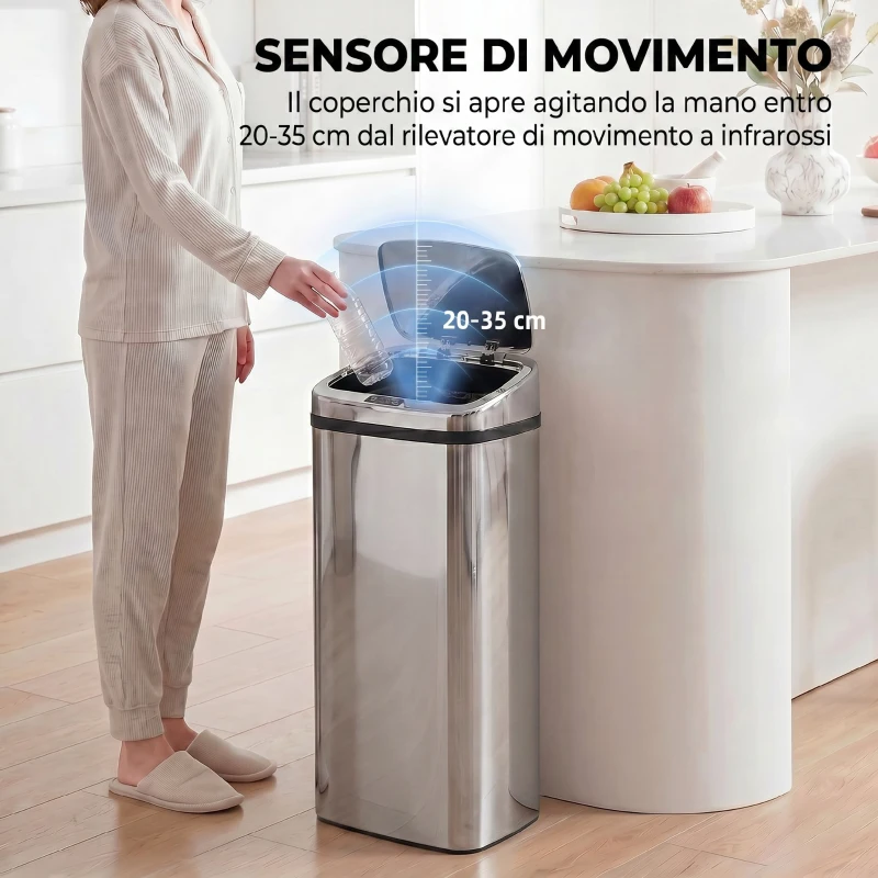 HOMCOM Cestino Spazzatura da 50L con Sensore, Pattumiera Intelligente con Apertura e Chiusura Automatica, Bidone per Rifiuti in Acciaio, 33x25x84 cm, Argento