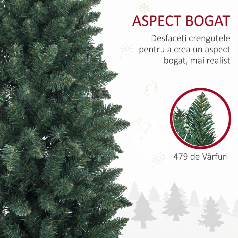 HOMCOM Brad de Crăciun artificial 182,88 cm cu 479 ramuri, Design înalt și îngust cu bază pliabilă, Verde