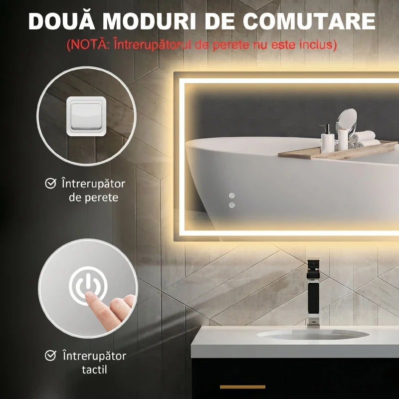 HOMCOM Oglindă de baie cu lumini LED reglabilă în 3 culori și strat antișoc, din sticlă și metal, 100x3x60 cm