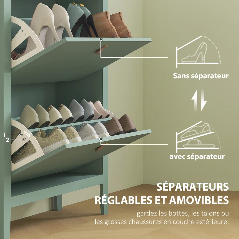 HOMCOM Meuble à chaussures 14 paires, armoire à chaussures avec 2 tiroirs rabattables, étagères amovibles et réglables, vert