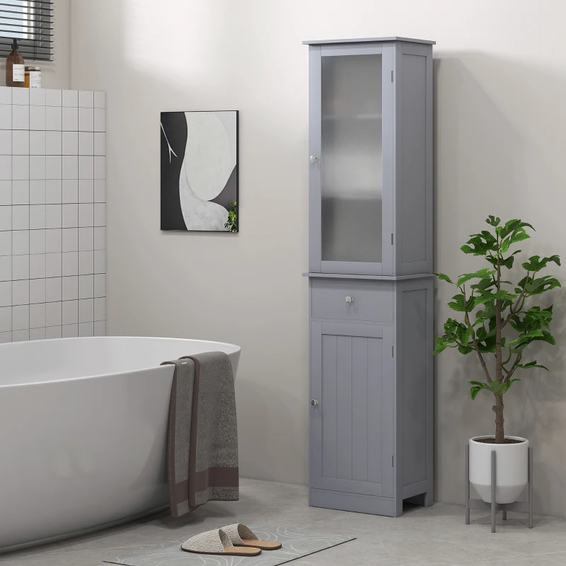 kleankin Meuble Colonne de Salle de Bain Placard Porte Acrylique 2 étagères Placard Porte 1 étagère tiroir MDF Gris