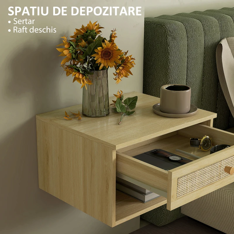 HOMCOM Set 2 noptiere cu sertar și rafturi deschise, stil Boho, din PAL și ratan, 40x34x23 cm(m-6)
