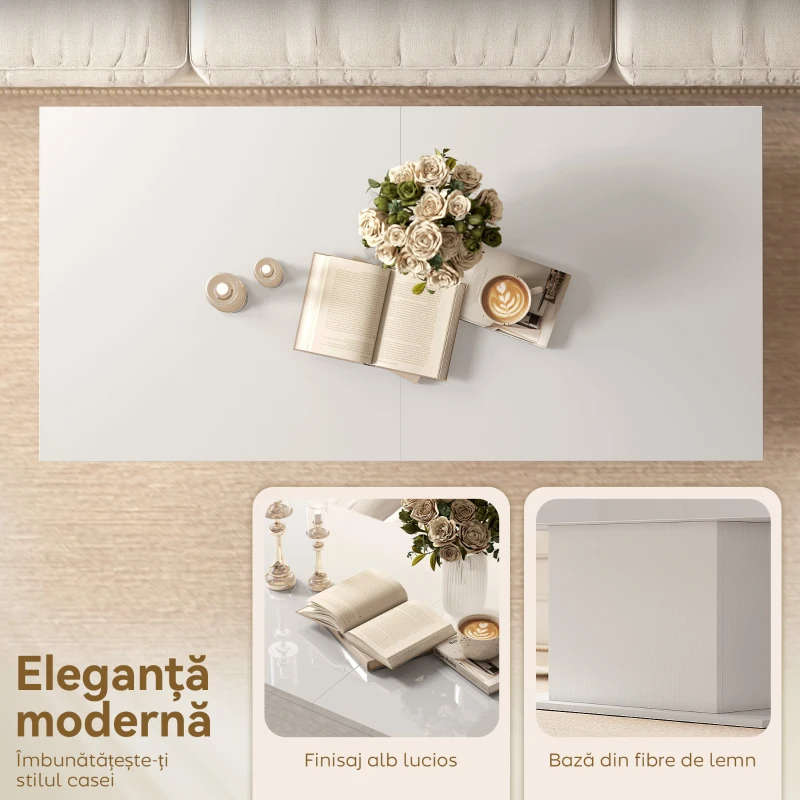 HOMCOM Măsuță de Cafea Extensibilă cu Compartiment Ascuns, Măsuță Modernă Extensibilă cu Picioare Antiderapante, Masă pentru Living sau Birou, 108-178.5x53x49 cm, Alb Lucios