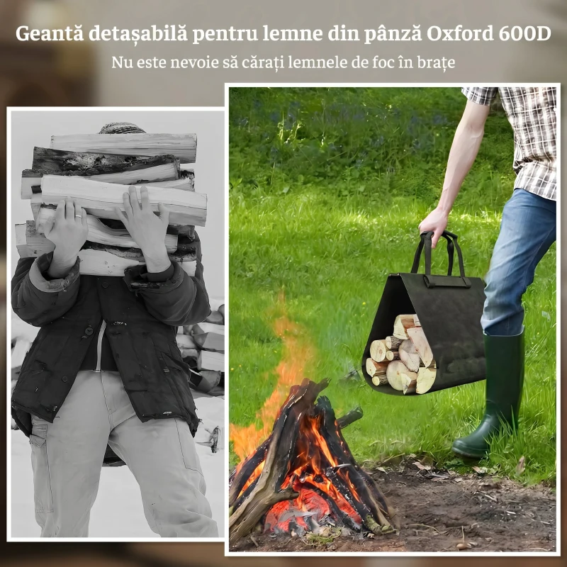 Outsunny Suport pentru Lemne pentru Interior și Exterior din Oțel cu Geantă de Transport din Material Oxford 600D, 49x34x44 cm, Negru