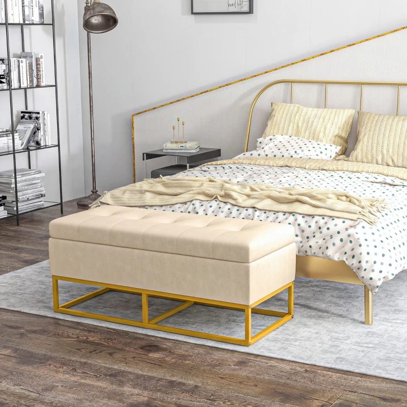 HOMCOM Sitzbank mit Stauraum, dekorative Knopfheftung, Flanelloptik, goldfarbene Stahlbeine, 110 x 47 x 46,5 cm