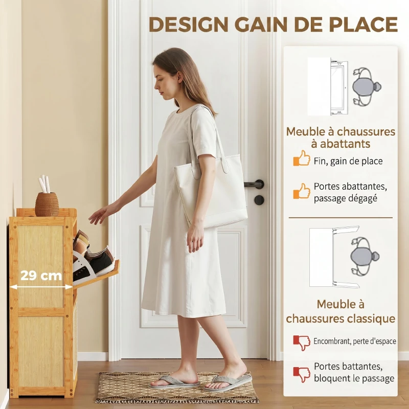 HOMCOM Meuble à chaussures 14 paires, armoire à chaussures 2 tiroirs rabattables, étagères réglables, 69x29x83cm, bois naturel