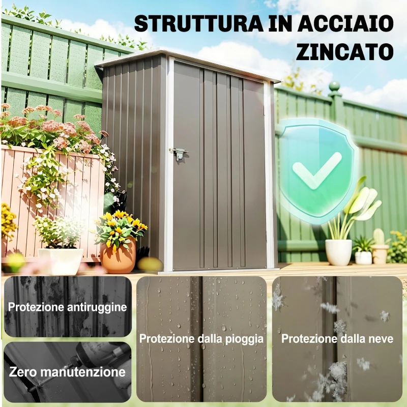 Outsunny Casetta Porta Attrezzi 0.92m² in Acciaio Zincato con Tetto Inclinato e Serratura, 100x103x160 cm, Marrone