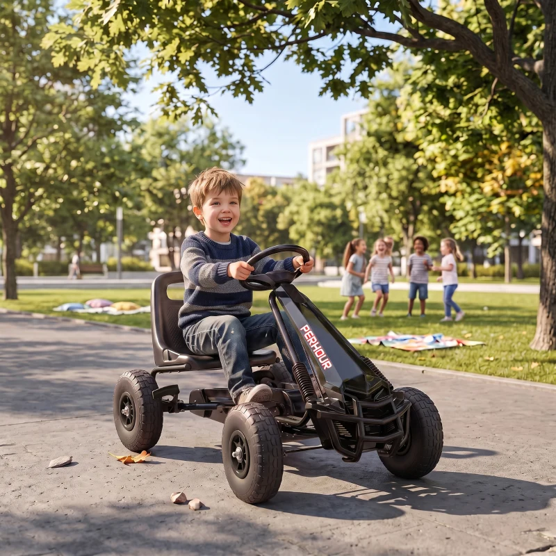 AIYAPLAY Kart à pédales Go-Kart pour enfants siège réglable pneus EVA embrayage manuel et frein 110 x 61 x 62 cm noir