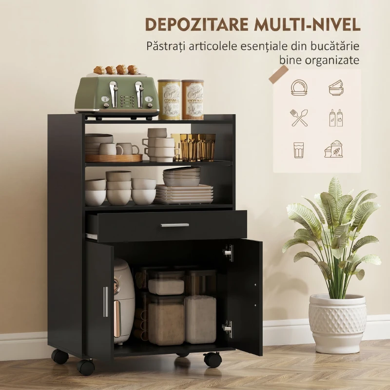 HOMCOM Dulap pentru microunde din lemn cu sertar, dulap cu 2 uși și 2 rafturi, 59x40x92 cm, negru
