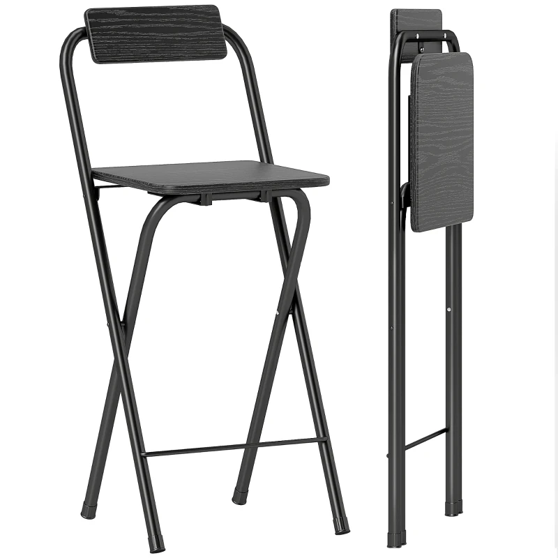 HOMCOM, Set 2 Scaune de Bar Pliabile, Cu Suport pentru Picioare, din Lemn și Oțel, 37x45x87 cm, Negru