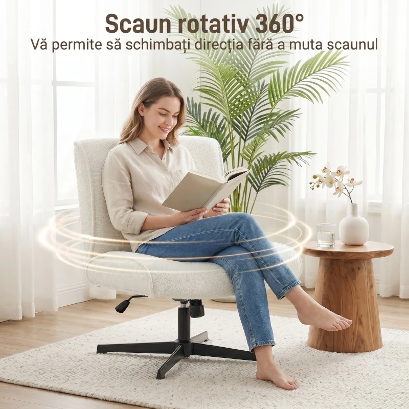 HOMCOM Scaun de birou pivotant fără brațe, șezut lat, fotoliu de birou, sufragerie, dormitor, scaun modern din catifea cu design în formă de lacrimă, reglabil pe înălțime, 63 x 75 x 90cm, crem