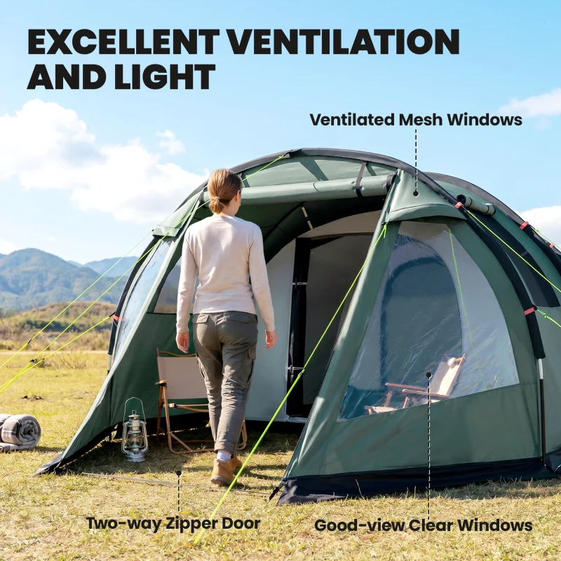 Outsunny Two Room Tunnel Tent Camping Tent for  3-4 Man with Windows, Covers, Carry Bag, for Fishing, Hiking, Sports, Green