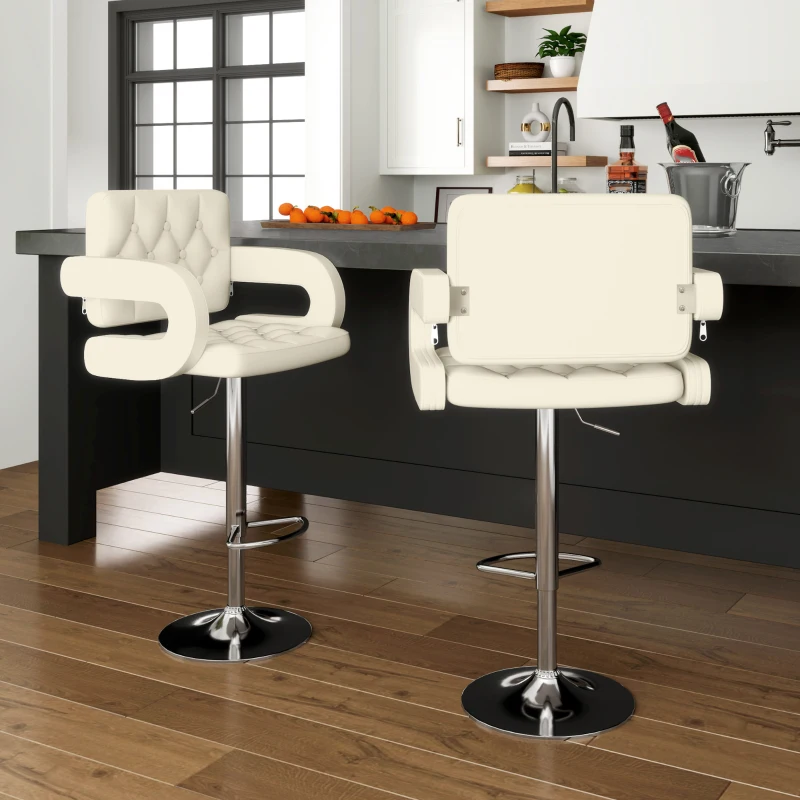 Upholstered Swivel Bar Stool, Set of 2 Height Adjustable Barstool with Back, Armrest, Footrest for Kitchen, White