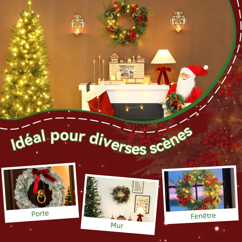 HOMCOM Couronne de Noël lumineuse 60 cm avec 35 LED, minuterie, 170 pointes, pommes de pin, baies, feuilles de houx, vert