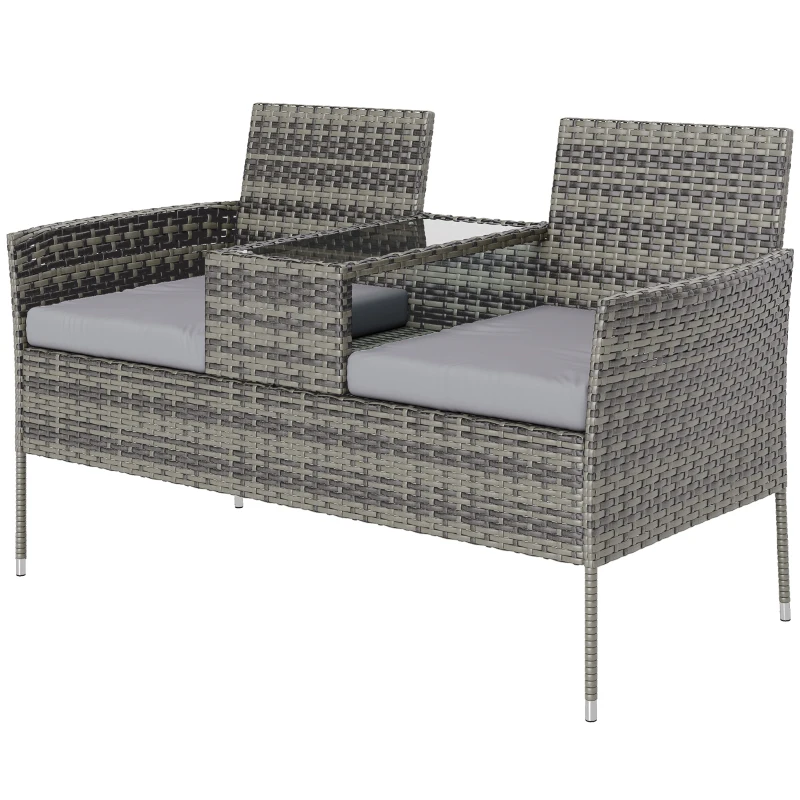 Outsunny Panchina da Esterno 2 Posti con Tavolino da Caffè, in Acciaio e Rattan PE, 137x59x82 cm, Grigio