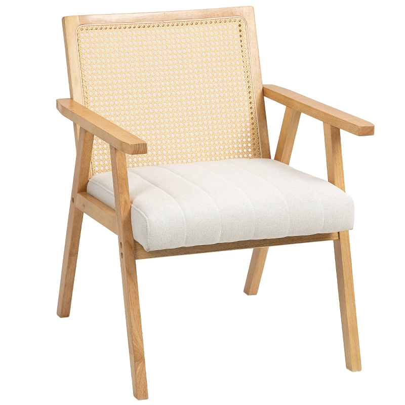 HOMCOM Fauteuil de salon en bois, chaise cannage avec dossier en rotin et coussin rembourré et accoudoirs, bois naturel