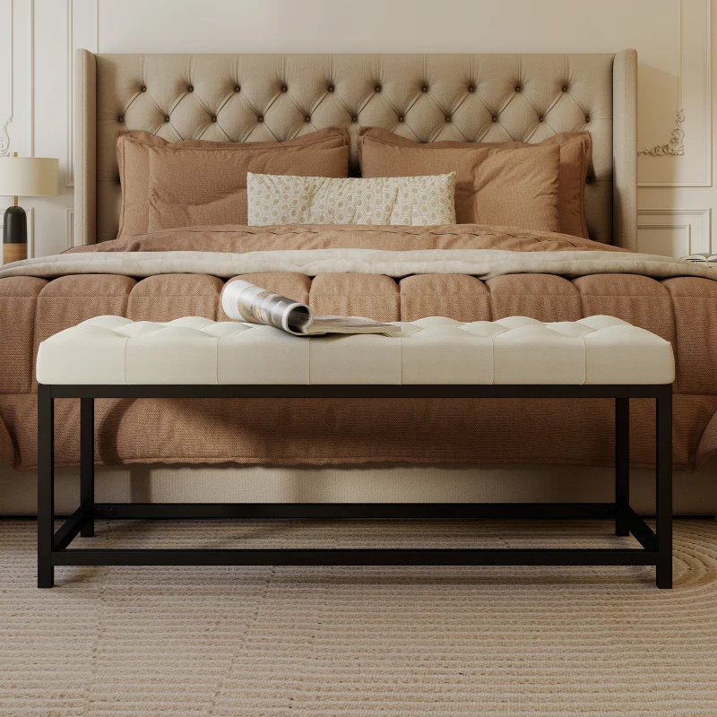 HOMCOM Banco Pie de Cama Tapizado en Terciopelo Diseño Capitoné Base de Metal para Dormitorio Entrada Salón Crema