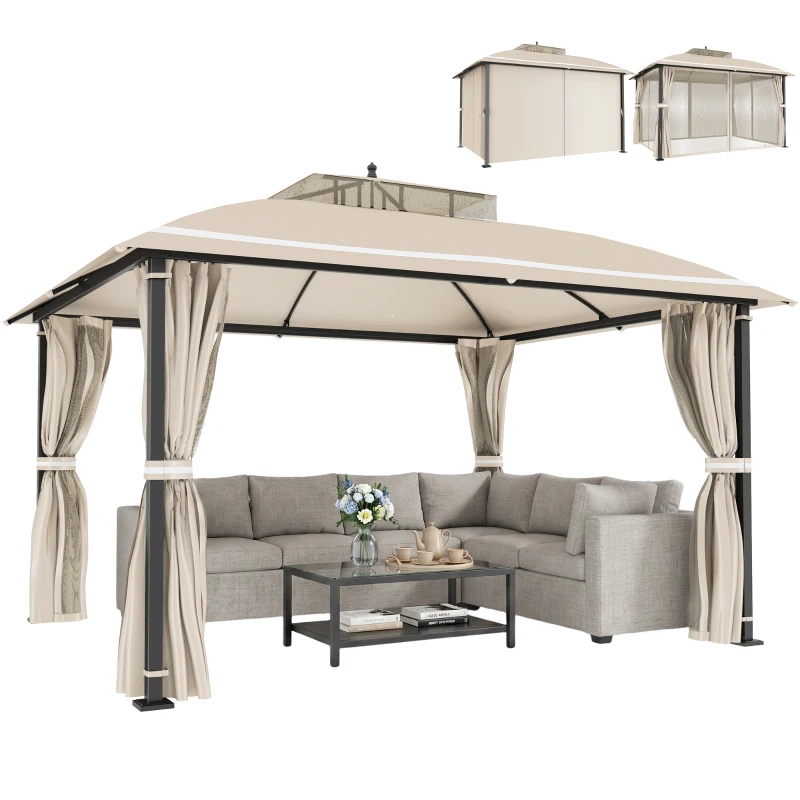 Outsunny Pavilion de grădină 3.7 x 3 m cu plasă de țânțari, perdele laterale și acoperiș dublu, bej