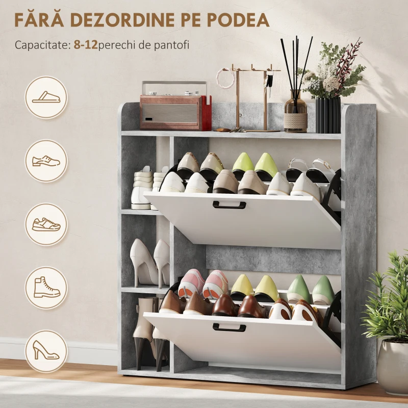 HOMCOM Scarpieră Slim cu 2 Sertare Rabatabile și 3 Compartimente Deschise, Capacitate 15 Pantofi, 83x24x90.5 cm, Gri