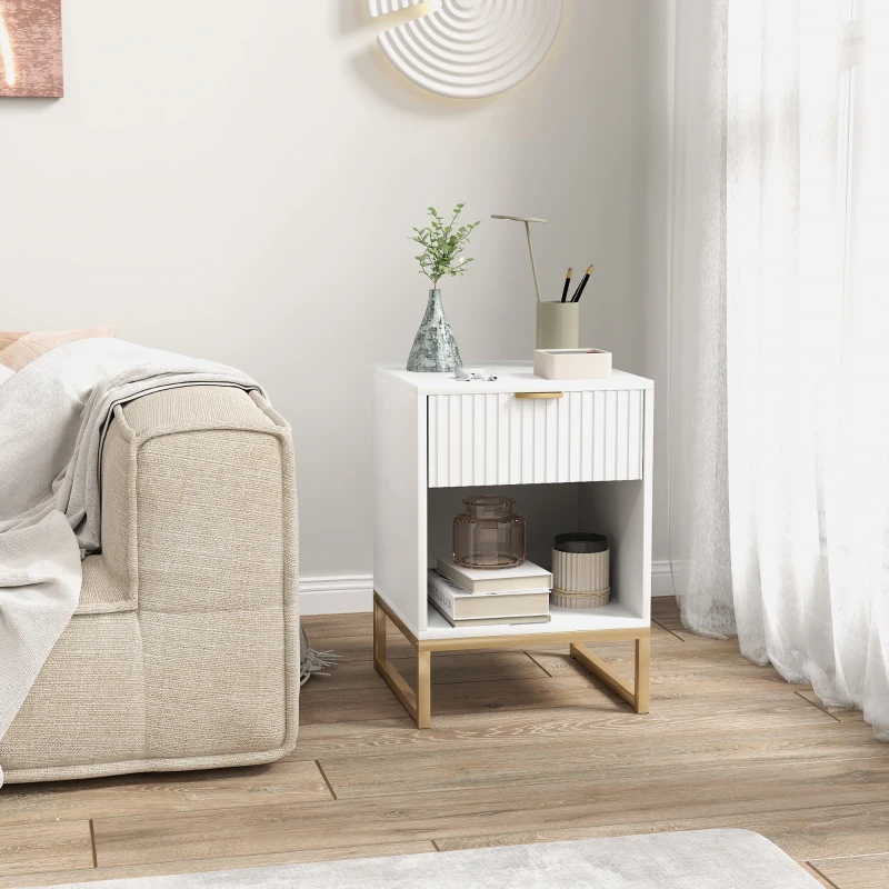 HOMCOM Nachttisch mit Schublade und Regal, Stauraum und Metallbeinen, für Schlafzimmer, Wohnzimmer, Weiß