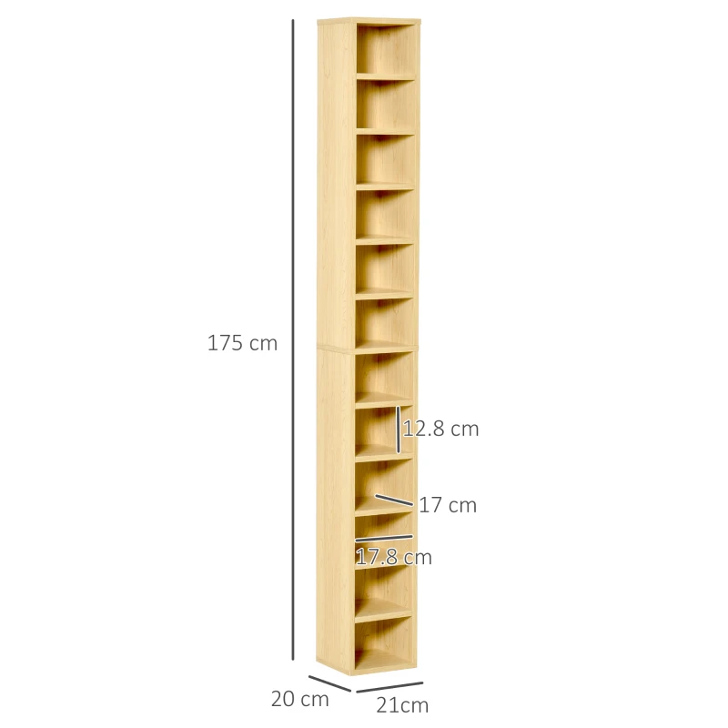 HOMCOM Bibliotecă Mobilă pentru CD-uri cu 12 Rafturi pentru 204 CD-uri, din MDF și PAL, 21x20x175 cm, culoare Lemn