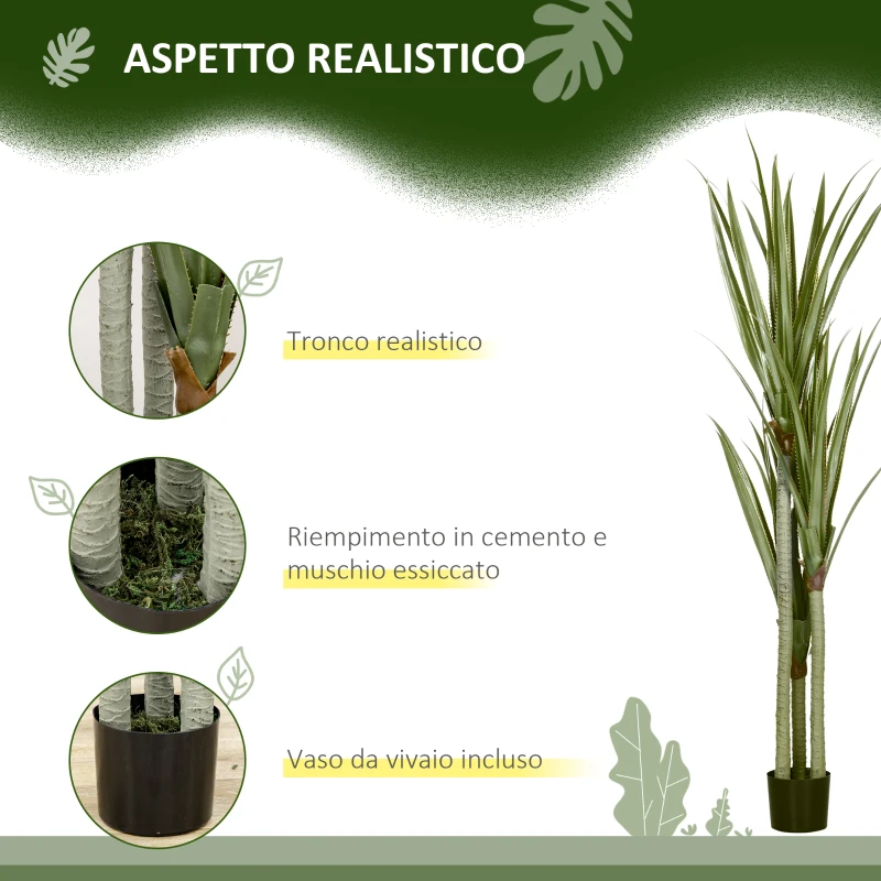 HOMCOM Pianta Artificiale di Yucca da 190 cm con 39 Foglie in Vaso Contenitore di PEVA e Cemento