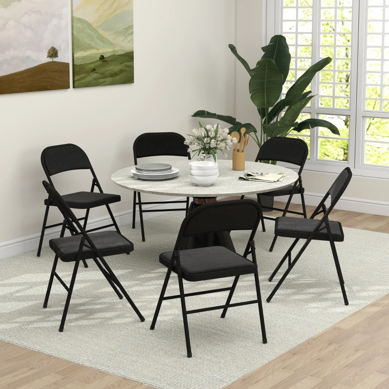 HOMCOM 6er-Set Klappstühle, Tragbare Bürostühle, Metallbeine, Faltstuhl für Büro, Empfang, Wartezimmer, Leinenoptik, Schwarz