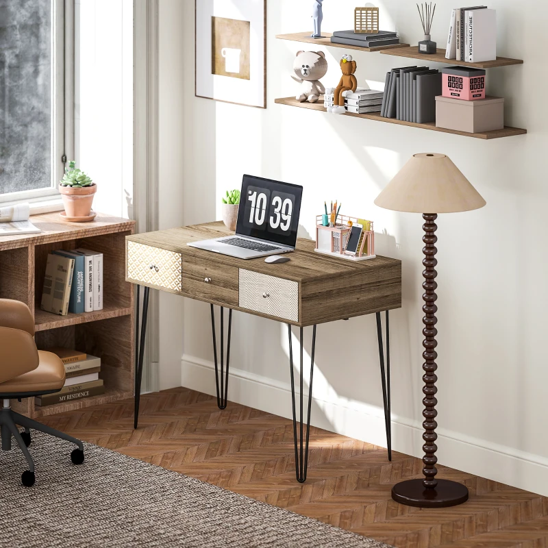 HOMCOM Secretária Estilo Boémio Mesa Secretária com 3 Gavetas e Pés de Ferro para Escritório Dormitório Tocador 105x50x75 cm Madeira