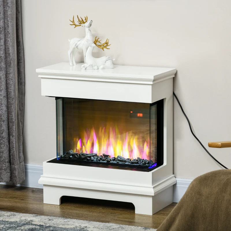 HOMCOM Caminetto Elettrico a 10 Colori con Spegnimento Automatico e Timer da 12h, 61x28x66.5 cm, Bianco