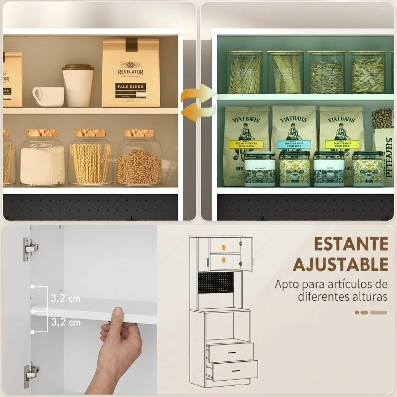 HOMCOM Mueble Auxiliar de Cocina con Soporte para Microondas 2 Cajones 2 Puertas y Panel Perforado de Metal Blanco
