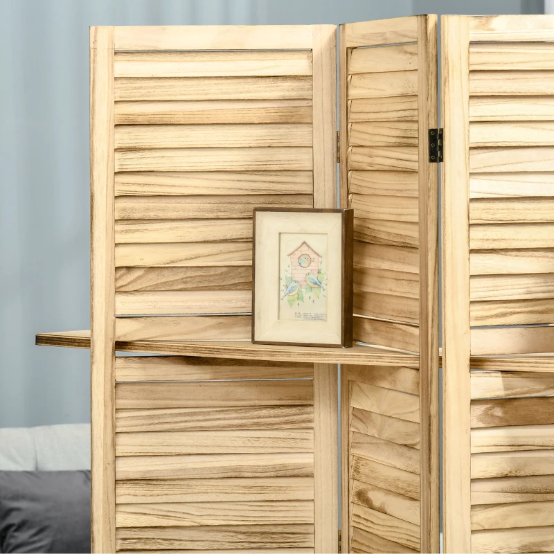 HOMCOM Paravan Separator Interior Pliabil cu 4 Panouri și Rafturi din Lemn de Paulownia, 162x170 cm, Lemn