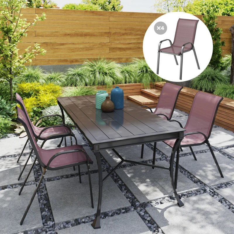 Outsunny Set 4 Sedie da Giardino Impilabili con Braccioli Curvi, in Acciaio e Tessuto Traspirante, 54x71x93 cm, Marrone