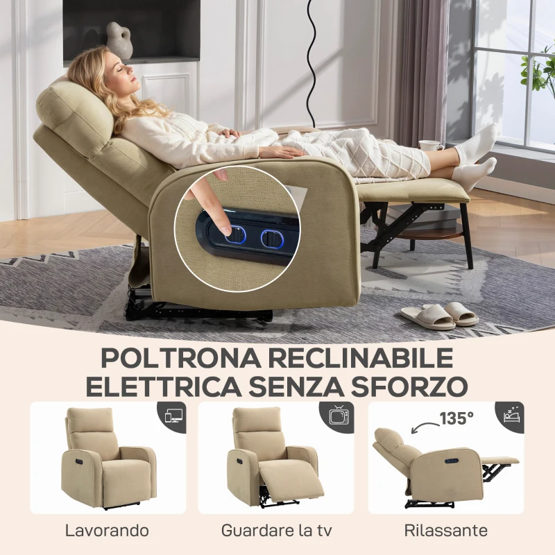HOMCOM Poltrona Reclinabile Elettrica in Ciniglia con Poggiapiedi, Poggiatesta Regolabile e Prese, 80x93x103 cm, Beige