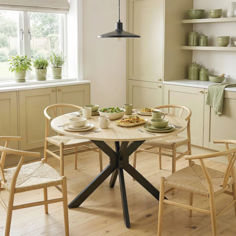 HOMCOM Table à manger pliante pour 2 à 6 personnes, table de cuisine ronde avec pieds croisés en acier, bois naturel