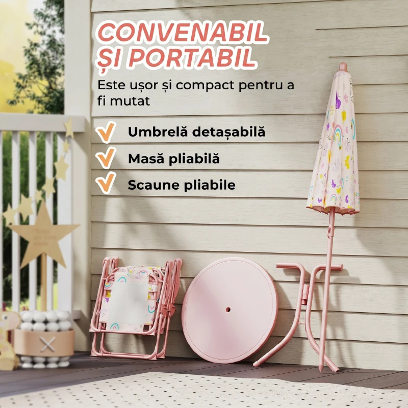 AIYAPLAY Set de Grădină pentru Copii 2-5 Ani cu Măsuță Rotundă, 2 Scaune Pliabile și o Umbrelă, Roz