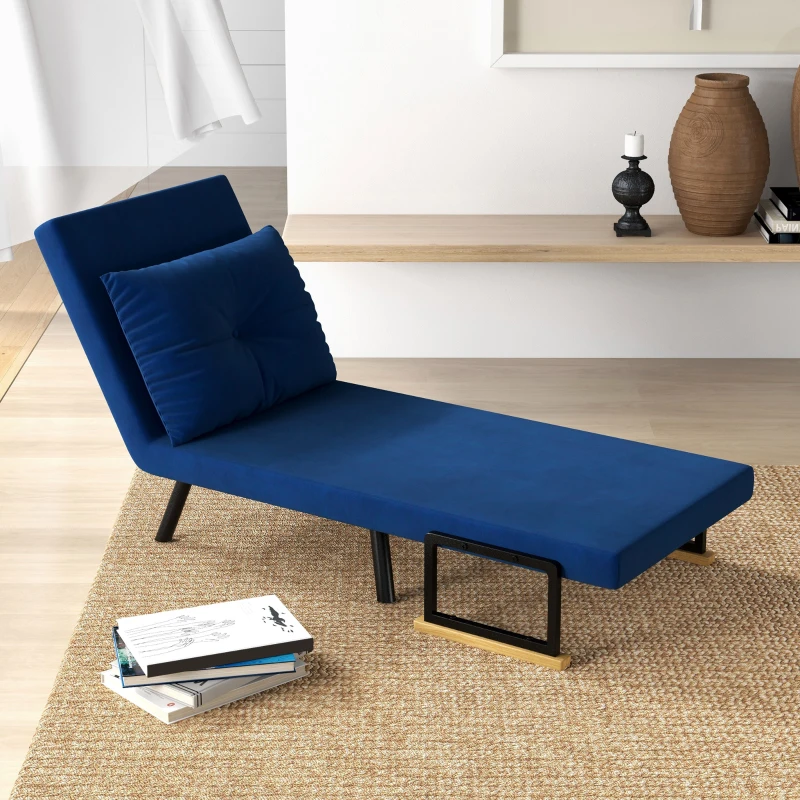 HOMCOM Poltrona Letto 3 in 1 con Schienale Reclinabile e Cuscino, in Tessuto Effetto Velluto, 63x73x81 cm, Blu