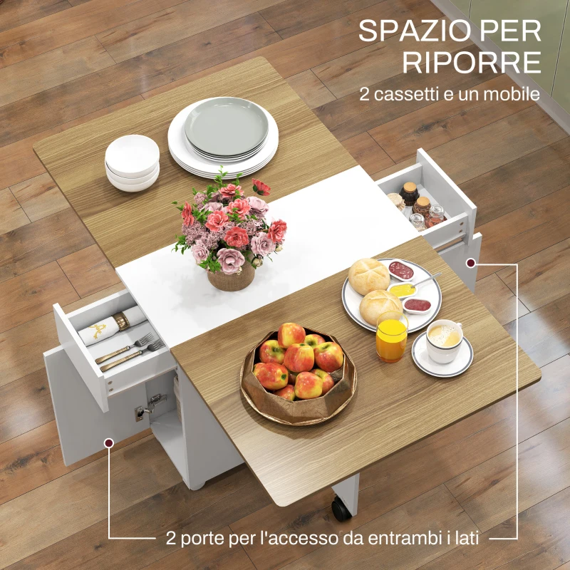 HOMCOM Tavolo Rettangolare Allungabile con 2 Cassetti e un Armadietto in Legno, 140x76x74 cm, Bianco e Color Legno