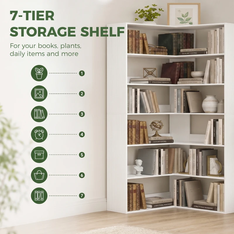 HOMCOM 7 Tiers Bookshelf, L-Shaped Corner Bookcase with Anti-Slip Rear Guard, White Wood Effect