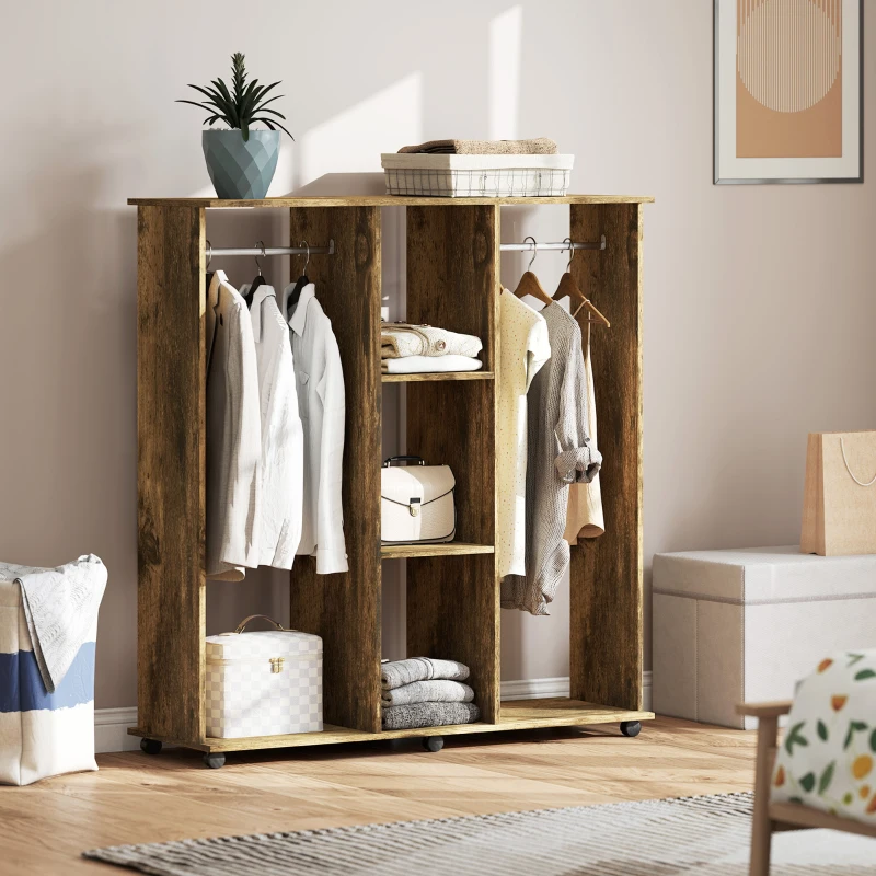 HOMCOM Armoire penderie meuble de rangement mobile 6 roulettes 120 x 40 x 128 cm en bois marron