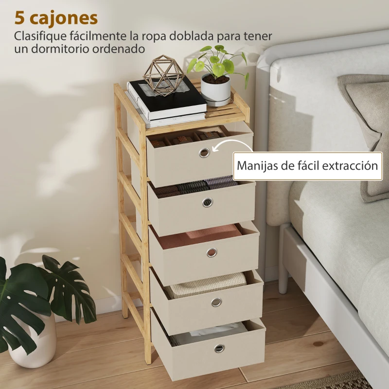 HOMCOM Cómoda con 5 Cajones de Tela Estructura de Bambú Cajonera para Espacios Pequeños Crema y Natural