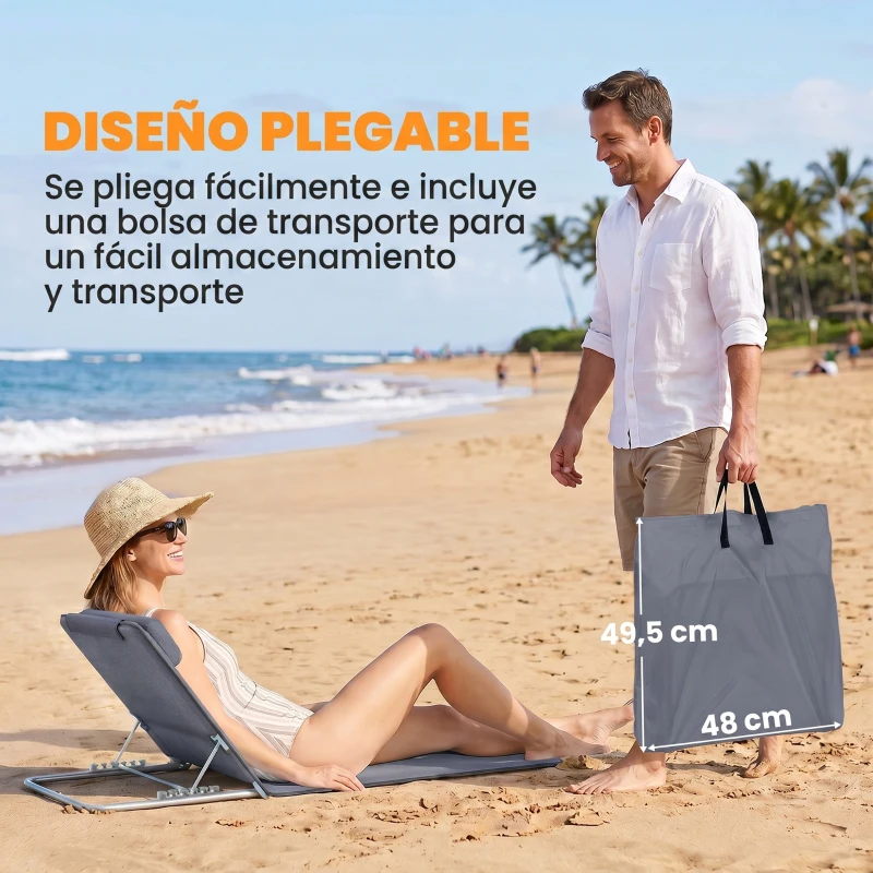 Outsunny Conjunto de 2 Esterillas con Respaldo Reclinable en 5 Niveles Reposacabezas y Bolsa de Transporte 134x48x33-43 cm Gris